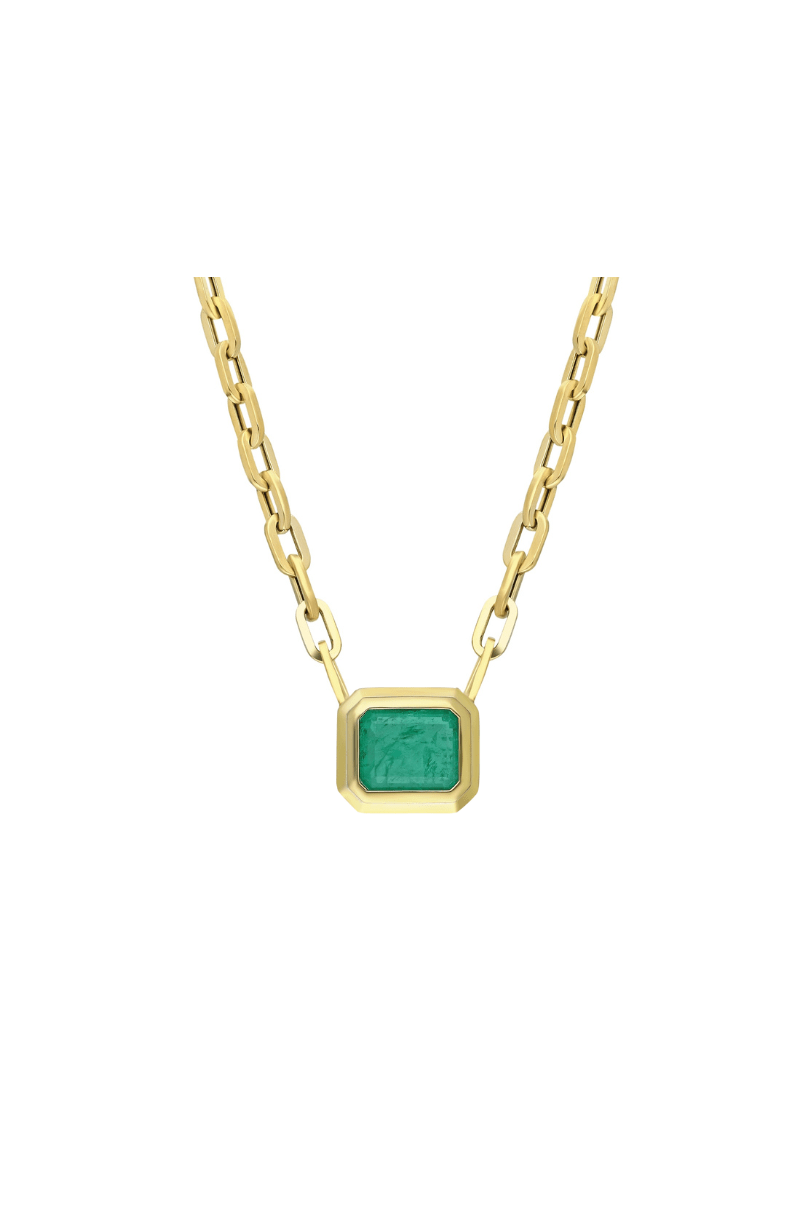 Thick Chain Bezel Emerald Necklace